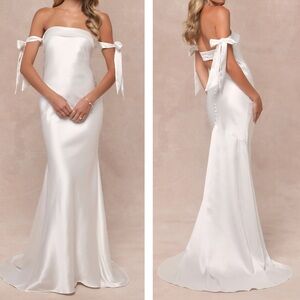 Lulus Eternally Loved White Cutout Satin Off-the-Shoulder Maxi Dress Size XL NWT